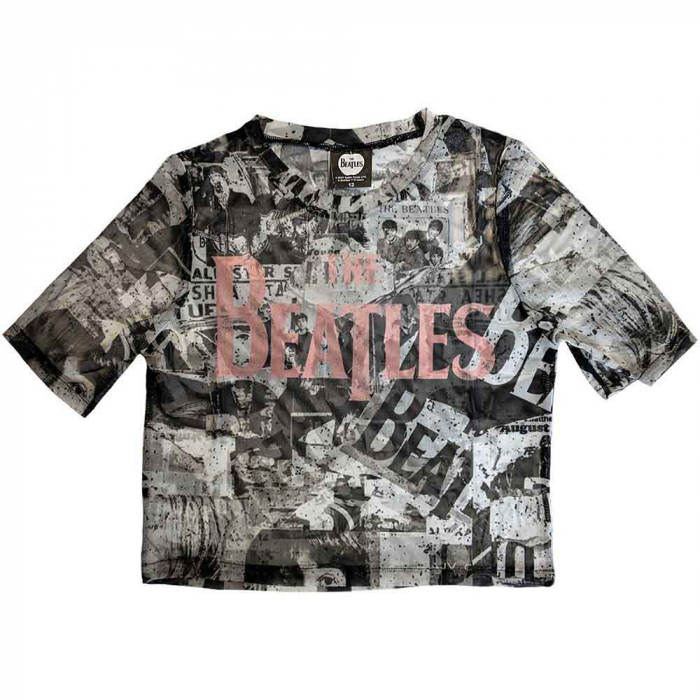 The Beatles Ladies Crop Top: All-Over-Print & Drop T Logo (Mesh) [1]