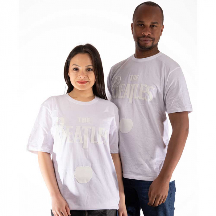 The Beatles Unisex Hi-Build T-Shirt: Drop T Logo & Apple White-on-White [1]