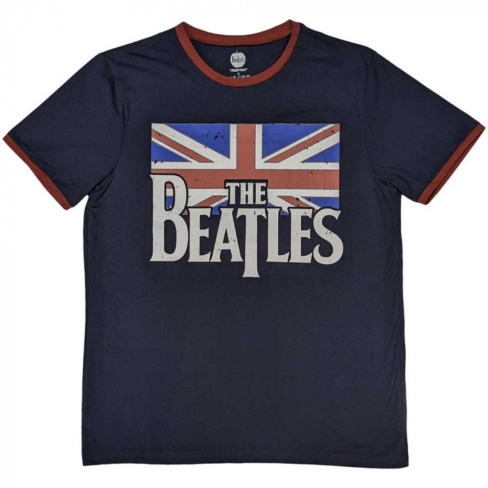 The Beatles Unisex Ringer T-Shirt: Drop T Logo & Vintage Flag [1]