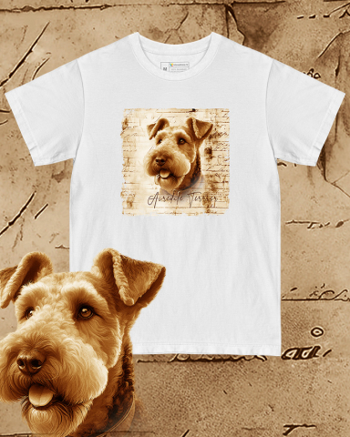 TRICOURI CÂINI "VINTAGE" - Tricou alb damă. Tricou alb bărbați. Tricou personalizat. Tricou bumbac 100%.  Airedale Terrier