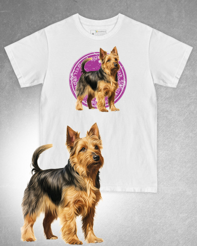 TRICOURI CÂINI - Tricou alb damă. Tricou alb bărbați. Tricou personalizat. Tricou bumbac 100%. Tricou Australian Terrier