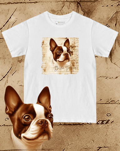 TRICOURI CÂINI "VINTAGE" - Tricou alb damă. Tricou alb bărbați. Tricou personalizat. Tricou bumbac 100%.  Boston Terrier