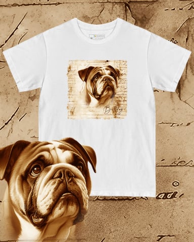 TRICOURI CÂINI "VINTAGE" - Tricou alb damă. Tricou alb bărbați. Tricou personalizat. Tricou bumbac 100%.   Bulldog