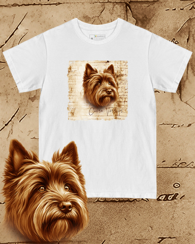TRICOURI CÂINI "VINTAGE" - Tricou alb damă. Tricou alb bărbați. Tricou personalizat. Tricou bumbac 100%.  Cairn Terrier