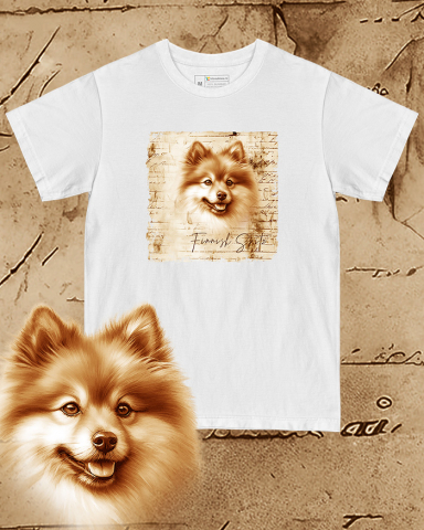 TRICOURI CÂINI "VINTAGE" - Tricou alb damă. Tricou alb bărbați. Tricou personalizat. Tricou bumbac 100%.  Finnish Spitz