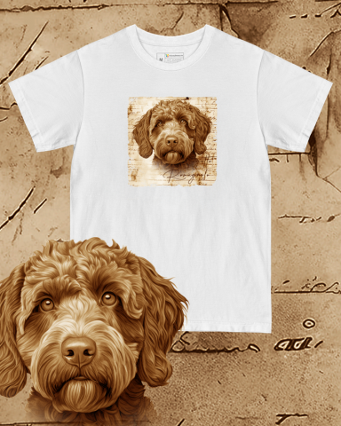 TRICOURI CÂINI "VINTAGE" - Tricou alb damă. Tricou alb bărbați. Tricou personalizat. Tricou bumbac 100%.  Lagotto Romagnolo