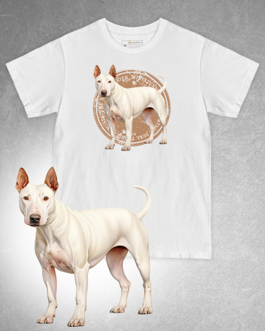 TRICOURI CU CÂINI - Tricou alb damă. Tricou alb bărbați. Tricou personalizat. Tricou bumbac 100%. Tricou Miniature Bull Terrier