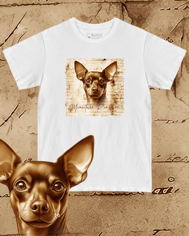 TRICOURI CÂINI "VINTAGE" - Tricou alb damă. Tricou alb bărbați. Tricou personalizat. Tricou bumbac 100%.  Miniature Pinscher