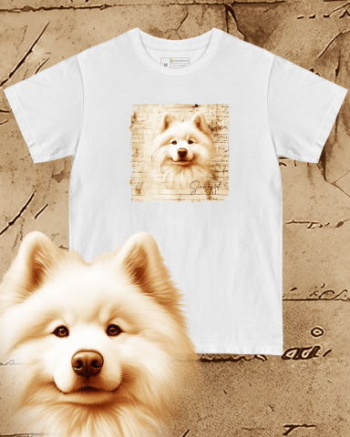 TRICOURI CÂINI "VINTAGE" - Tricou alb damă. Tricou alb bărbați. Tricou personalizat. Tricou bumbac 100%.  Samoyed