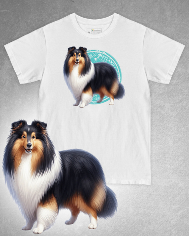 TRICOURI CÂINI - Tricou alb damă. Tricou alb bărbați. Tricou personalizat. Tricou bumbac 100%. Tricou Shetland Sheepdog