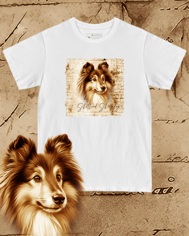 TRICOURI CÂINI "VINTAGE" - Tricou alb damă. Tricou alb bărbați. Tricou personalizat. Tricou bumbac 100%.  Shetland Sheepdog