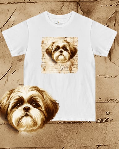 TRICOURI CÂINI "VINTAGE" - Tricou alb damă. Tricou alb bărbați. Tricou personalizat. Tricou bumbac 100%.  Shih Tzu