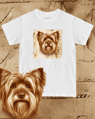 TRICOURI CÂINI "VINTAGE" - Tricou alb damă. Tricou alb bărbați. Tricou personalizat. Tricou bumbac 100%.  Skye Terrier