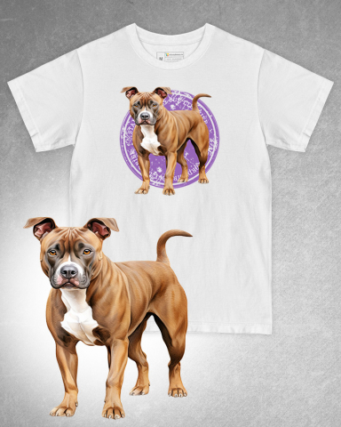 TRICOURI CU CÂINI - Tricou alb damă. Tricou alb bărbați. Tricou personalizat. Tricou bumbac 100%. Tricou Staffordshire Bull Terrier