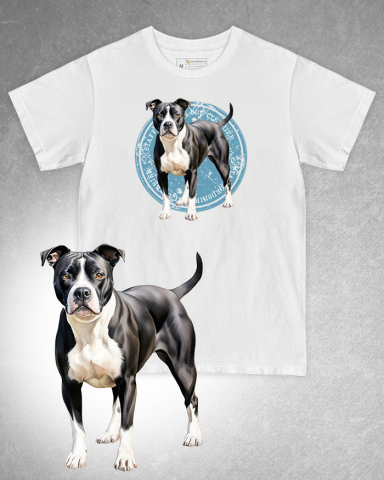 TRICOURI CU CÂINI - Tricou alb damă. Tricou alb bărbați. Tricou personalizat. Tricou bumbac 100%. Tricou Staffordshire Bull Terrier