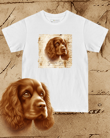 TRICOURI CÂINI "VINTAGE" - Tricou alb damă. Tricou alb bărbați. Tricou personalizat. Tricou bumbac 100%.  Sussex Spaniel