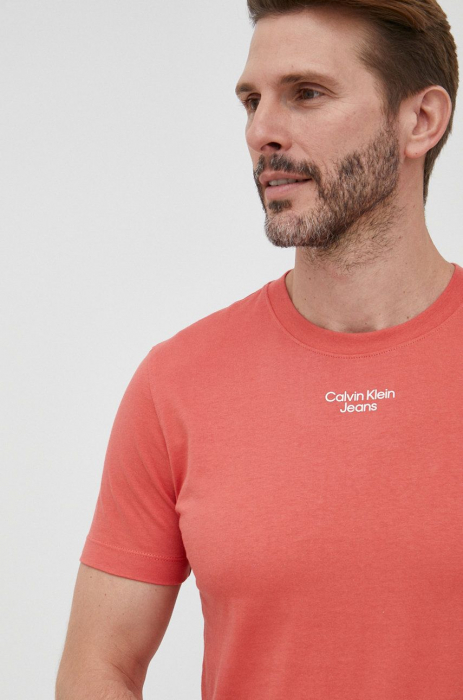 Calvin Klein Jeans, Tricou Bărbați, Slim fit, Din amestec de bumbac organic cu decolteu la baza gatului, Portocaliu mandarina [3]