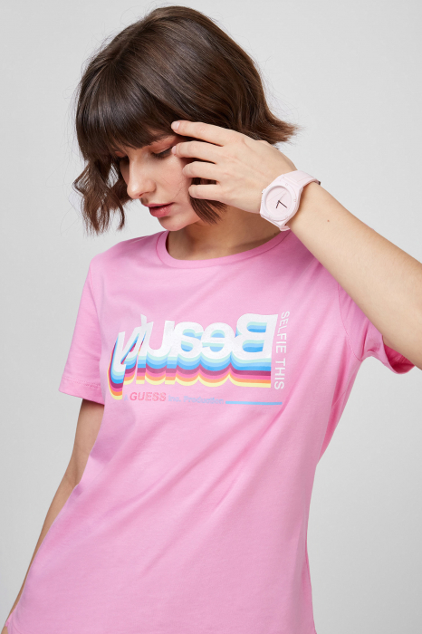 Guess, Tricou Dama, Cu decolteu la baza gatului si imprimeu, Roz [4]
