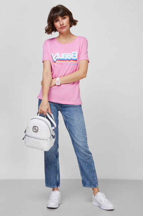 Guess, Tricou Dama, Cu decolteu la baza gatului si imprimeu, Roz [5]