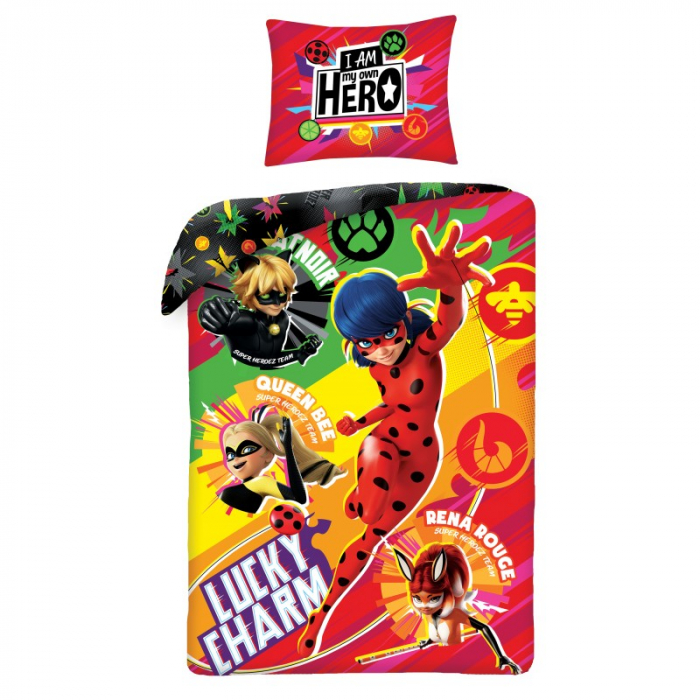 Husa de pat copii, Miraculous, Ladybug & Motan Noir, Bumbac, Multicolor [3]