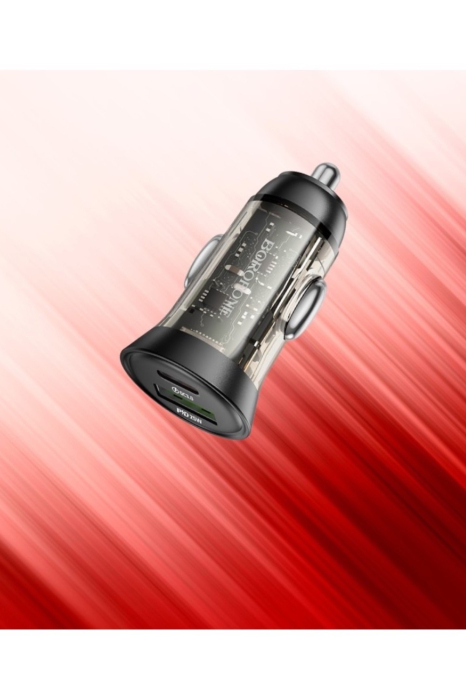 Încărcător Auto, Borofone, USB + Tip C, PD 43W 3A, Cu Cablu Tip C La Lightning, Negru Transparent [6]