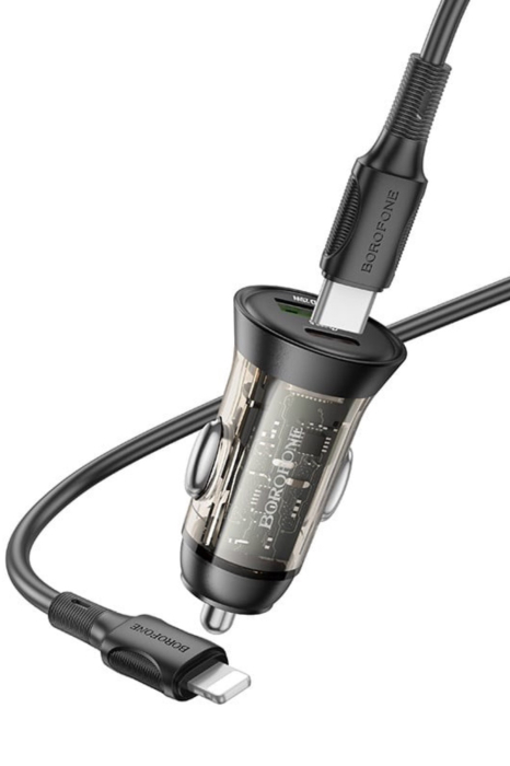 Încărcător Auto, Borofone, USB + Tip C, PD 43W 3A, Cu Cablu Tip C La Lightning, Negru Transparent [3]
