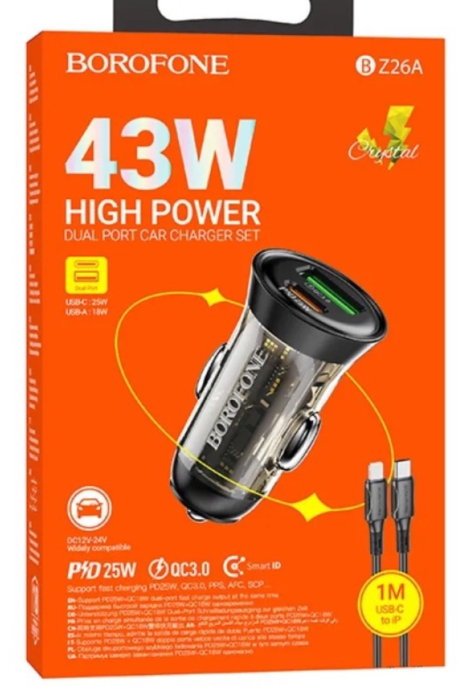 Încărcător Auto, Borofone, USB + Tip C, PD 43W 3A, Cu Cablu Tip C La Lightning, Negru Transparent [7]