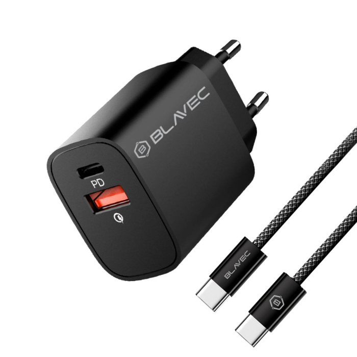 Incarcator, Blavec, BC-2, USB + Tip C, QC 3.0 PD 20W, Cu cablu Tip-C la Tip-C, Negru [1]