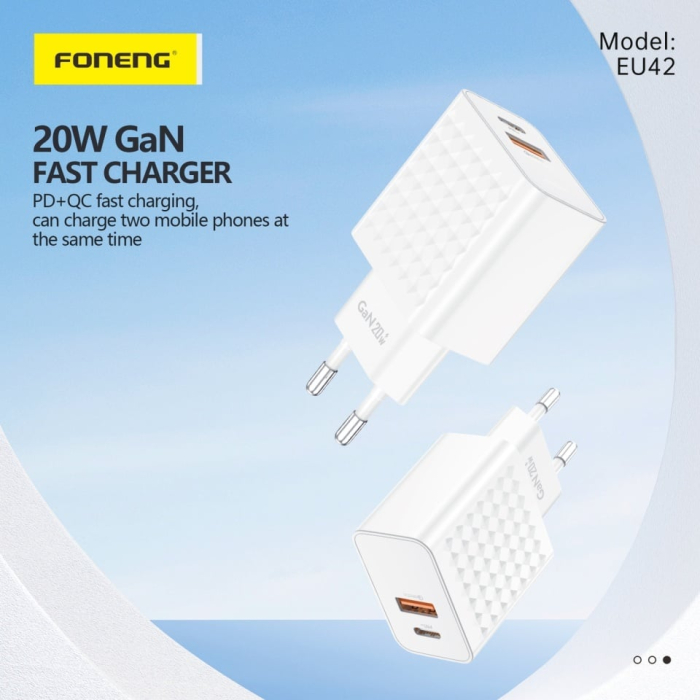 Incarcator, Foneng, 2 porturi USB + TIP-C PD 20W, Cu cablu Tip-C la Tip-C, Alb [4]