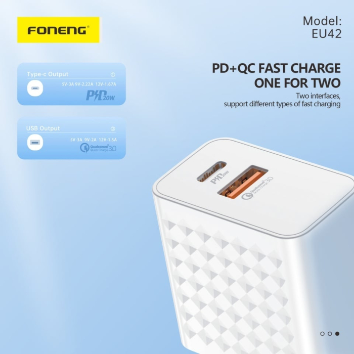 Incarcator, Foneng, 2 porturi USB + TIP-C PD 20W, Cu cablu Tip-C la Tip-C, Alb [5]