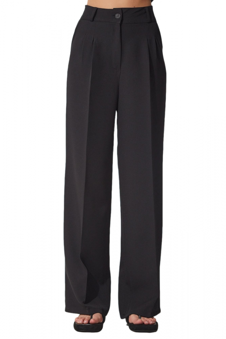 Pantaloni Dama, Talie inalta si croiala evazata, Pense in fata, Negru [2]