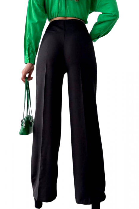 Pantaloni Dama, Talie inalta si croiala evazata, Pense in fata, Negru [3]