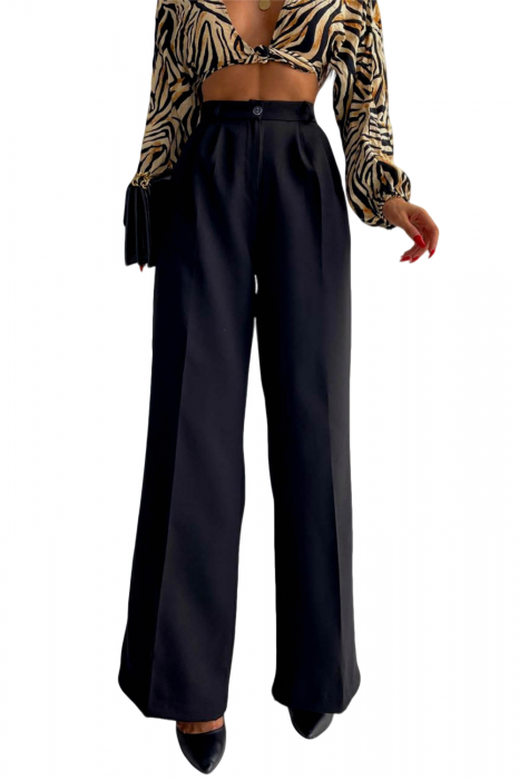 Pantaloni Dama, Talie inalta si croiala evazata, Pense in fata, Negru [1]