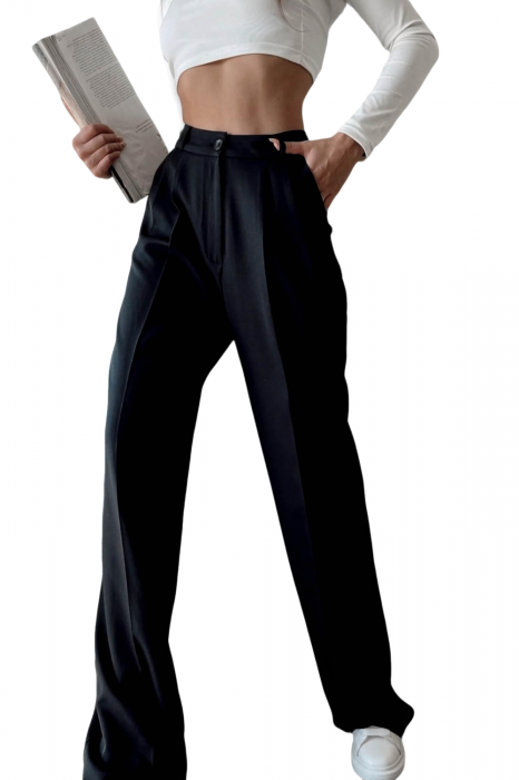 Pantaloni Dama, Talie inalta si croiala evazata, Pense in fata, Negru [4]
