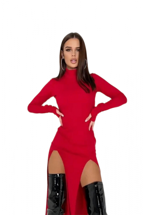 Rochie Dama, Cu maneci lungi si despicata lateral, Croiala mulata, Rosu [4]