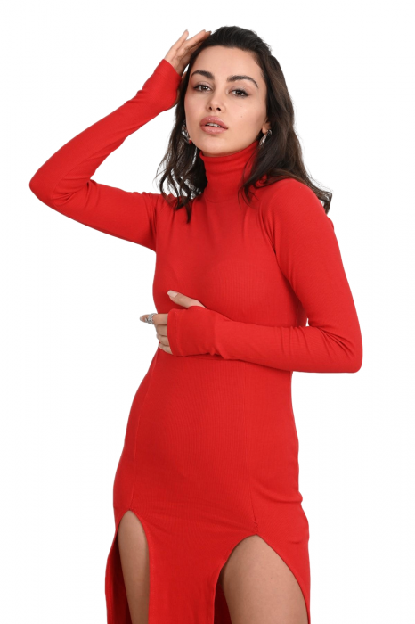 Rochie Dama, Cu maneci lungi si despicata lateral, Croiala mulata, Rosu [5]
