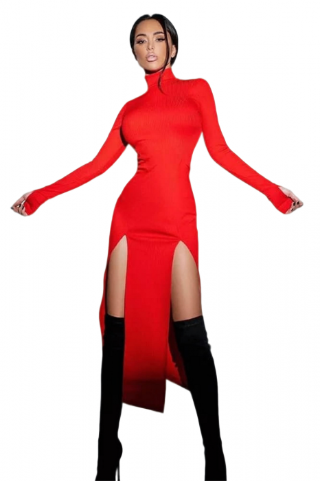 Rochie Dama, Cu maneci lungi si despicata lateral, Croiala mulata, Rosu [1]