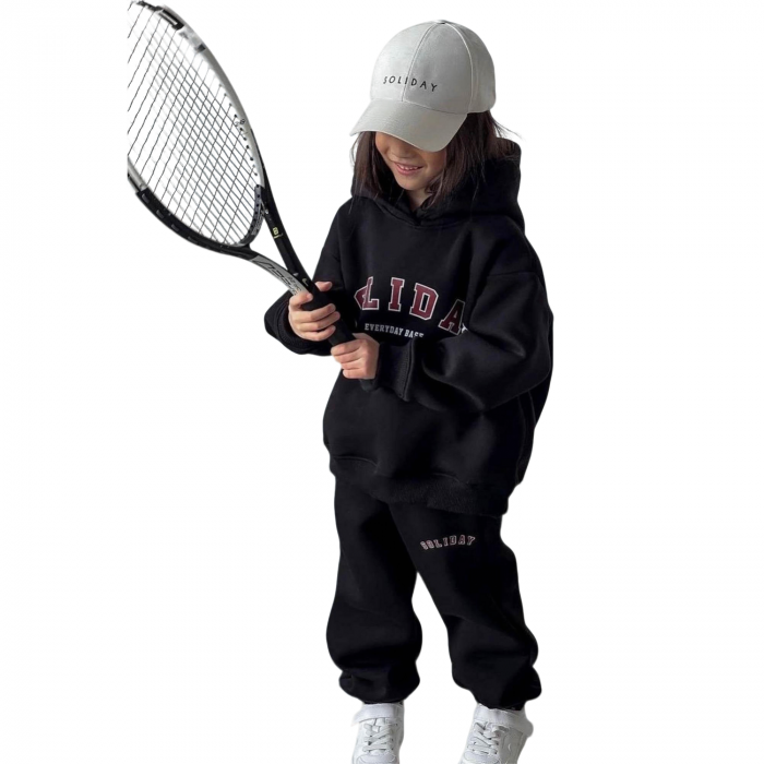 Trening Copii, Cu gluga si plusat, Bumbac, Negru [2]