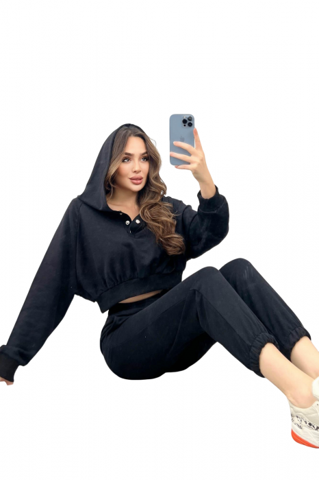 Trening Dama, Cu gluga, Capse la hanorac si pantaloni, Bumbac, Negru [4]