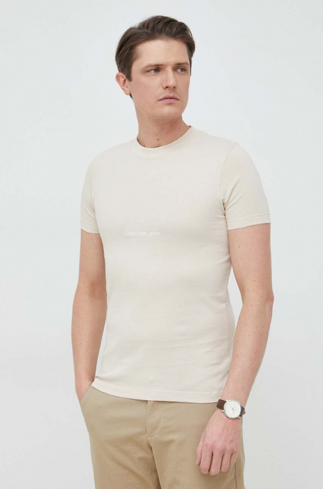 Tricou Barbati, Calvin Klein Jeans, Slim fit, Din amestec de bumbac organic, Bej [1]
