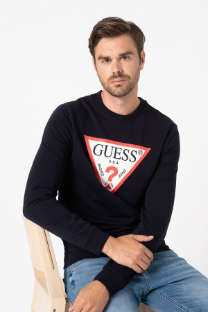 Guess, Bluza Bărbați, Sport slim fit, Cu decolteu la baza gâtului, Iimprimeu logo triunghiular, Bleumarin