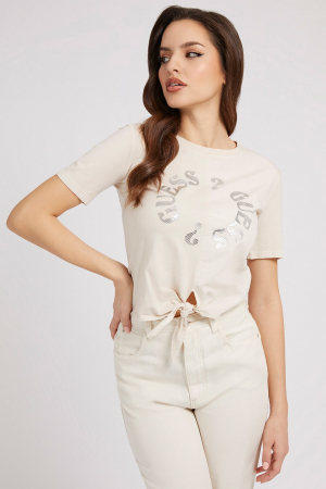 Tricouri - GUESS, Tricou crop cu logo, Maro nisip, XS