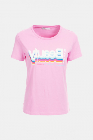 Guess, Tricou Dama, Cu decolteu la baza gatului si imprimeu, Roz