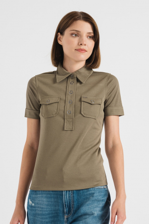 Guess, Tricou Dama, Polo slim fit, Verde feriga