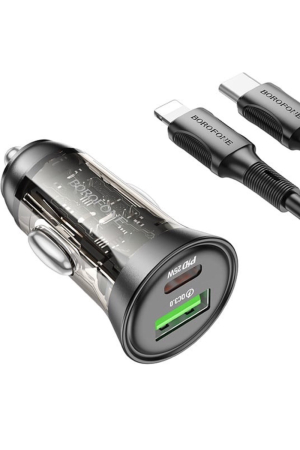 Încărcător Auto, Borofone, USB + Tip C, PD 43W 3A, Cu Cablu Tip C La Lightning, Negru Transparent [1]