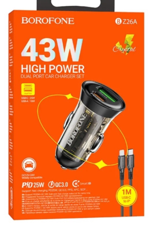 Încărcător Auto, Borofone, USB + Tip C, PD 43W 3A, Cu Cablu Tip C La Lightning, Negru Transparent [6]