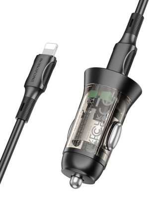 Încărcător Auto, Borofone, USB + Tip C, PD 43W 3A, Cu Cablu Tip C La Lightning, Negru Transparent