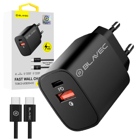 Incarcator, Blavec, BC-2, USB + Tip C, QC 3.0 PD 20W, Cu cablu Tip-C la Tip-C, Negru [2]