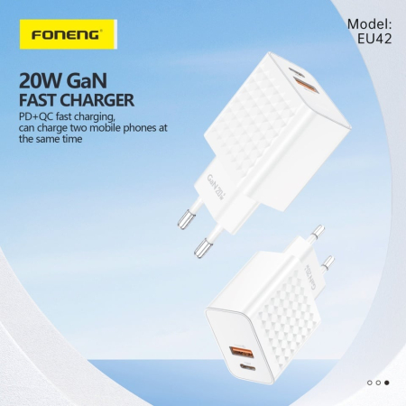 Incarcator, Foneng, 2 porturi USB + TIP-C PD 20W, Cu cablu Tip-C la Tip-C, Alb [3]