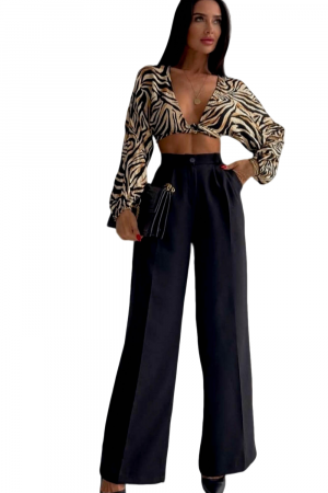 Pantaloni Dama, Talie inalta si croiala evazata, Pense in fata, Negru [4]